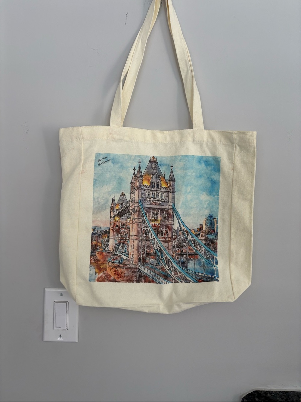Cream Canvas Tote Bag with Colorful London Tower Print